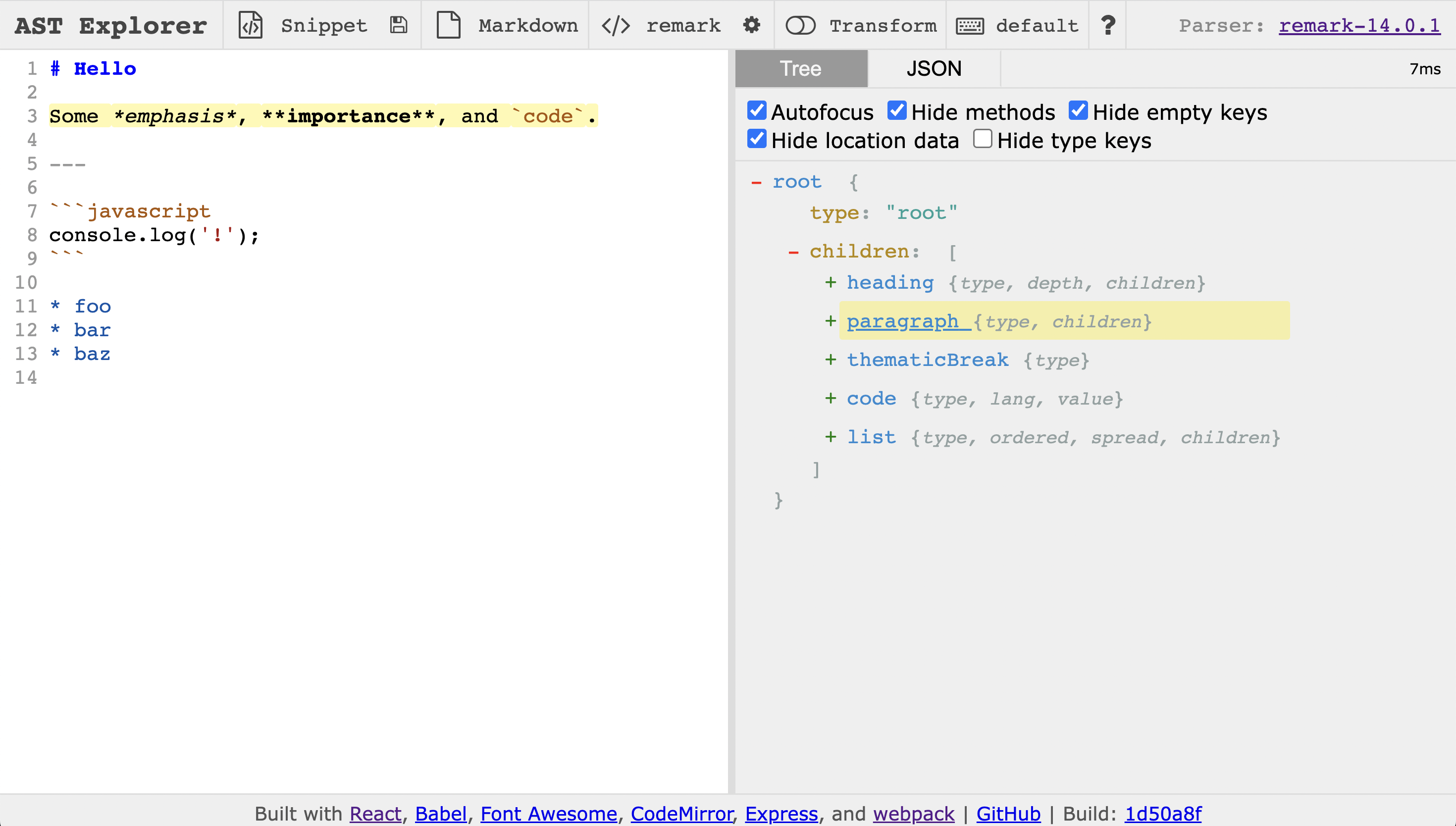 A screenshot of the astexplorer.net interface. The left pane shows a snippet of Markdown source with one paragraph highlighted. The right pane shows its AST structure in a collapsible JSON format, with the paragraph&#39;s corresponding AST node automatically highlighted.